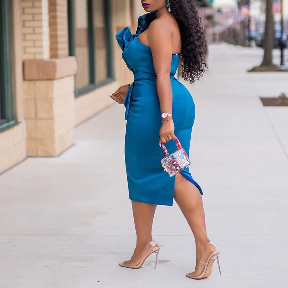 

Sexy Strapless Midi Bodycon Dress Blue Pleated Cocktail Party Robe Femme African Floral Embroidery Bowknot Back Split Dress