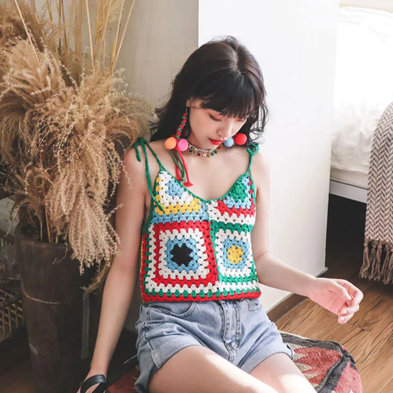 Пляжный богемный вырезанный топ в японском стиле для девушек вязаный крючком с