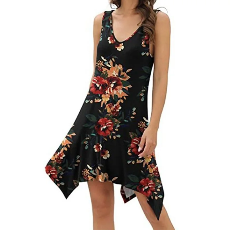 

Летнее платье с v-образным вырезом; Платье без рукавов, женское платье Повседневные принты шить женское свободное платье