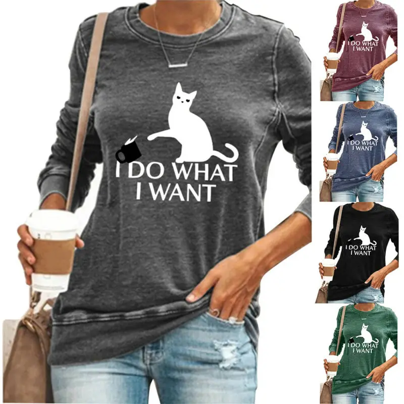 

T Shirts for Women Pullover Tops Ladies Top Cat Printed Long Sleeve Shirts Sweatshirts Crew Neck Plus Size