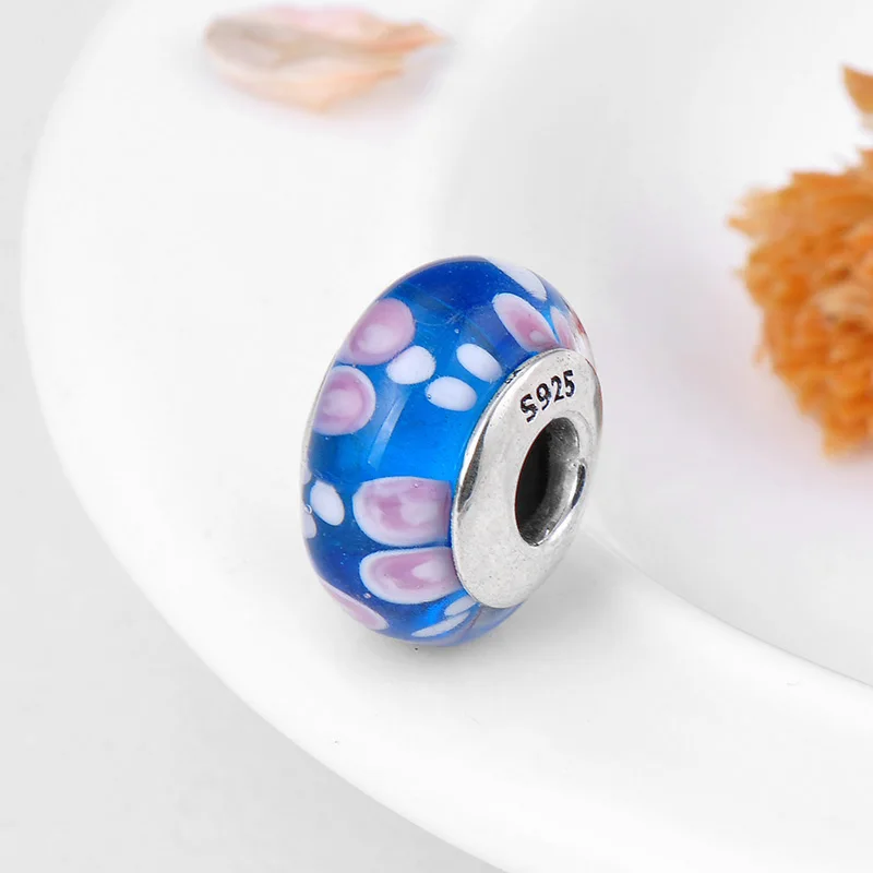 Стерлинговое Серебро 925 пробы цвет розовый/синий цветок европейские стеклянные