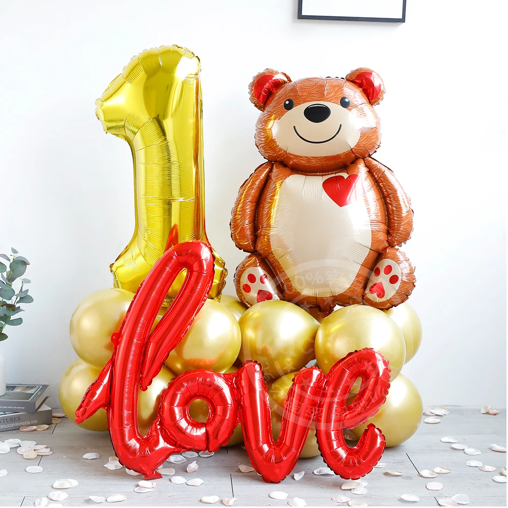 

Love Heart Bear 32inch Balloon Golden Foil Number Ballons 1 2 3 4 5th Girl Birthday Wedding Valentine’s Day Baby Shower Decor