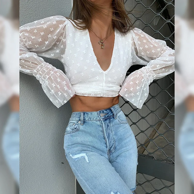 

Женский топ с глубоким v-образным вырезом и цветочным принтом, Белый Топ с длинным рукавом и оборками, Прозрачная Черная кружевная рубашка с ...