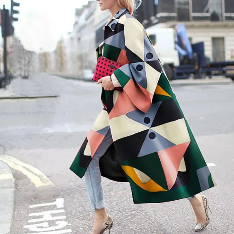 

Женский однобортный Тренч с принтом, свободная ветровка с длинным рукавом, осенний дизайн, верхняя одежда