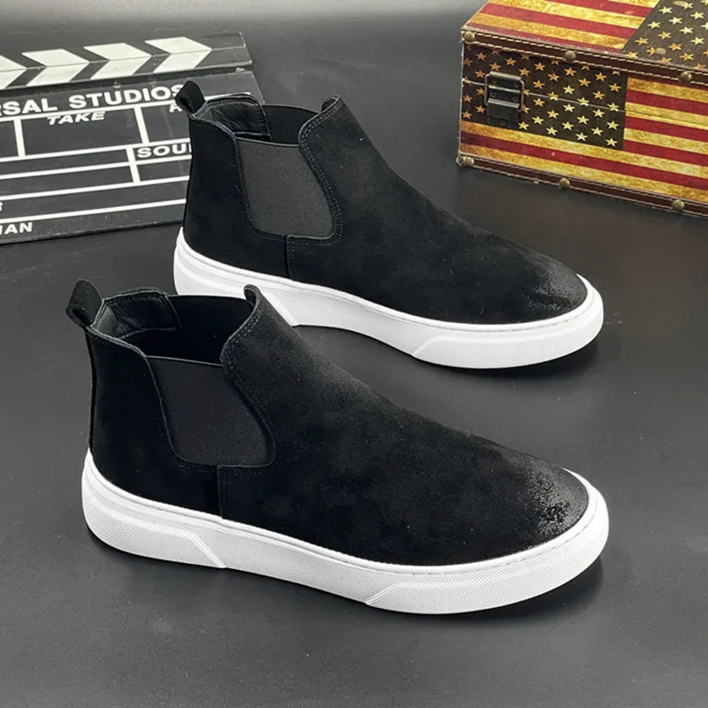 Casual Platform Boots Black Cow Suede Leather Flats Shoes Spring Autumn Chelsea Boot Cowboy Ankle Botas Hombre