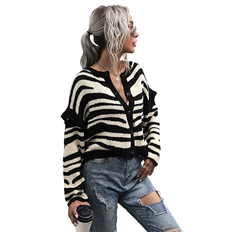 

Fashion V-neck patchwork cardigan versatile short temperament knitted sweater coat for women