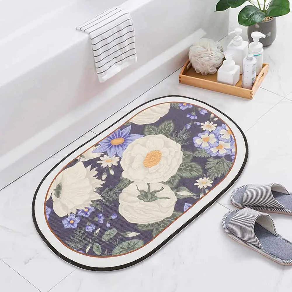 

Anti-slip Bathroom Mat Oval Flower Print Absorb Water Floor Rug Shower Room Entrance Doormat Bathtub Side Carpet Home Décor