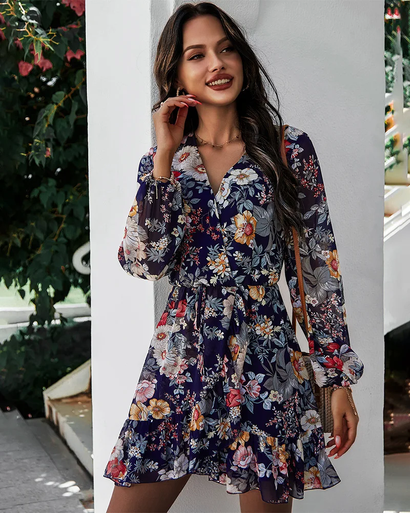 

Flower Print Chiffon Dresses Women 2021 Fashion Long Sleeve V-Neck Mini Dress Casual A-Line Ruffle Female Spring Summer Sundress
