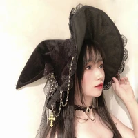 japan lolita witch hat gothic magic halloween costume accessories props vintage black lace big bow cosplay party wizard hat