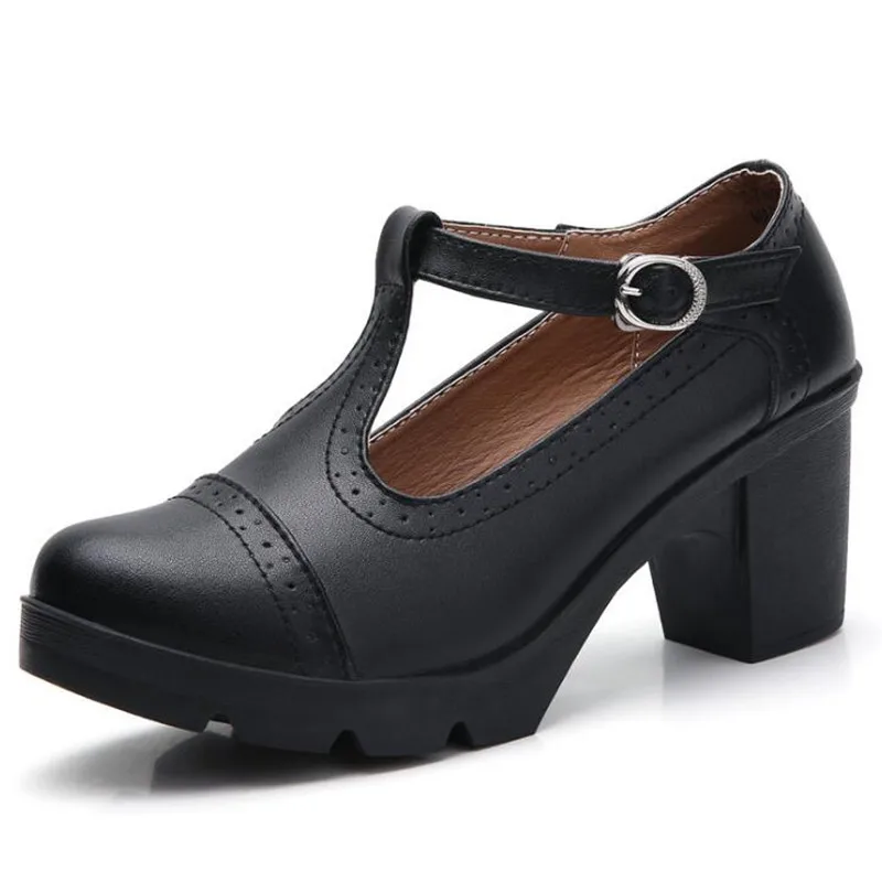 

Hot 2020 New Spring Round Head Comfort Cowhide High Heel Shoes Women Fashion Shoes Elegant Thick Heel Leather Shoes Large Size