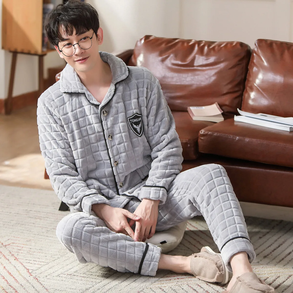Осенне-зимняя Мужская Фланелевая Пижама серая однотонная Мультяшные пижамные