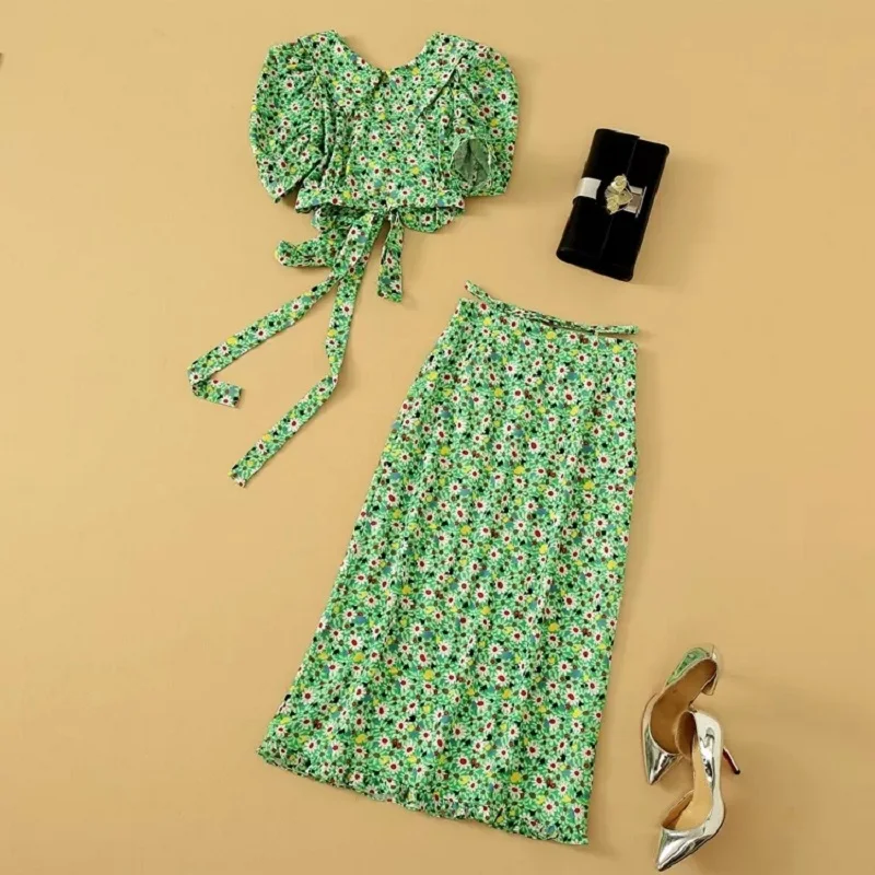 

Crop Sets 2021 Summer Fashion 2 Piece Set High Quality Women Sexy Backless Crop Tops+High Waist Midi Skirt Sets Casual Party