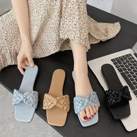women slippers personality weave bow knot design summer sexy open toe flat sandals black flip flop 2021 banquet ladies shoes