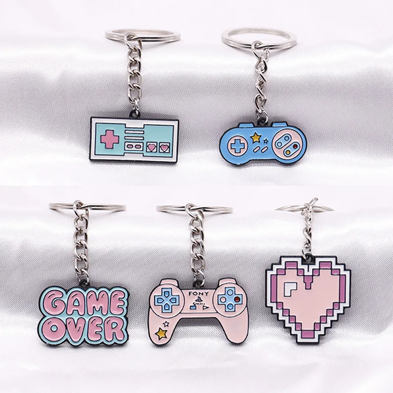 

Cute Pink Switch Gamepad Metal Enamel Keychain Game Machine Model Heart Shape Keyring Pendant Sweet Trendy Jewelry Accessories