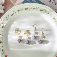 purple glazed flower dangle earrings baroque tassels pearl long drop silver pin earrings ear clips woman wedding party jewelry