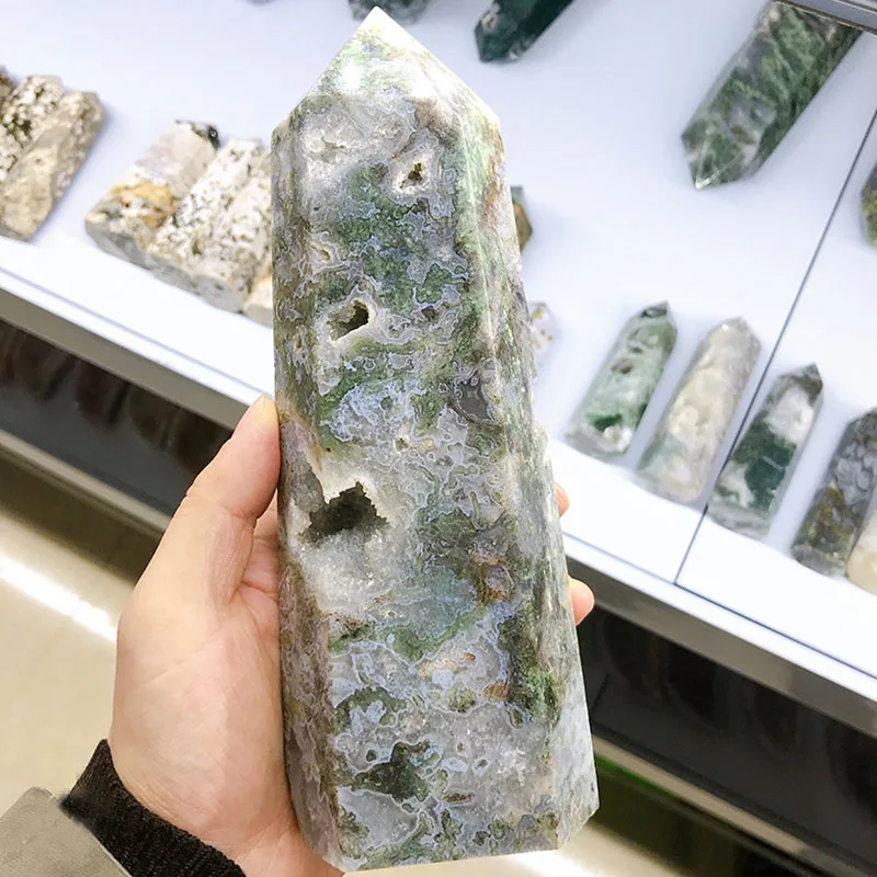 Натуральный агат мха палочка Исцеление Кристаллы Druzy кварцевые блестящая точка