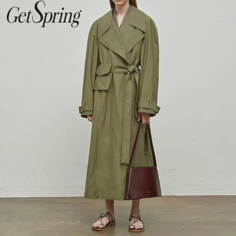 Getвесенний Женский Тренч Бандажное пальто с отложным воротником зеленый