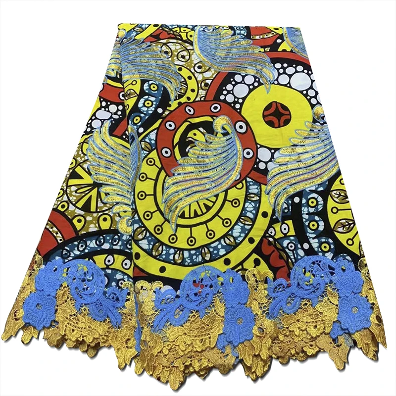 

African Ankara Gorgeous Design Lace Wax Fabric Cotton French Guipure Lace Fabric with Embroidery For Wedding 5 Yards