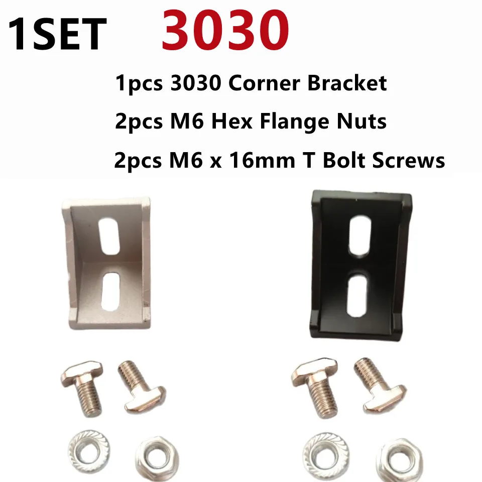 

1Set/Lot 3030 Aluminum Profile Connector Set: 2pcs M6 Hex Flange Nuts + 1pcs 3030 Corner Bracket + 2pcs M6 x 16mm T Bolt Screws
