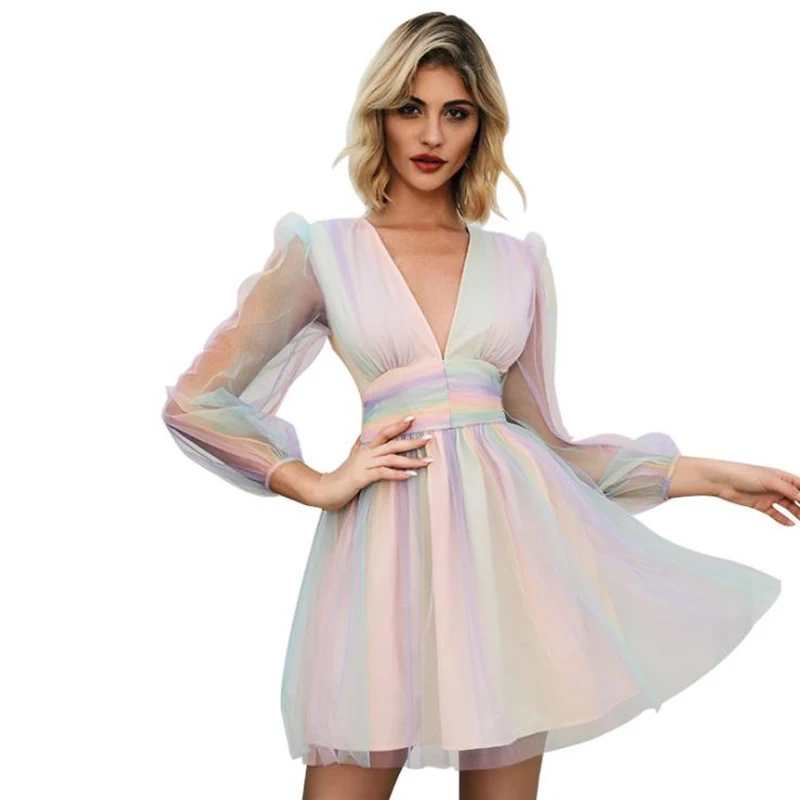 

Женское платье с длинным рукавом, Радужное винтажное облегающее платье-трапеция с глубоким V-образным вырезом для банкета и вечерние, Новин...