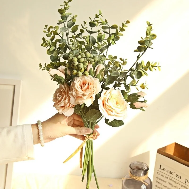 

Hot Sale Simulation Flower 46cm Multi-color Eucalyptus Rose Bouquet, Home DecorationVase Flower ArrangementBride Holding Flowers