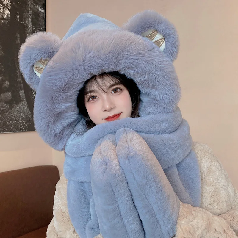 

Women Winter Fashion Thickening Warm Plush Scarf Natural Rabbit Fur Bear Ears Hat Outdoor Skiing Integrated Hooded Scarf