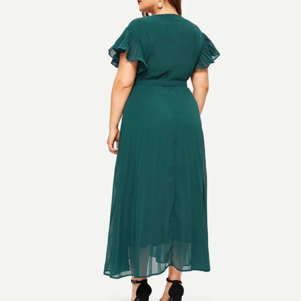 Женское плиссированное платье большого размера с v-образным вырезом и поясом