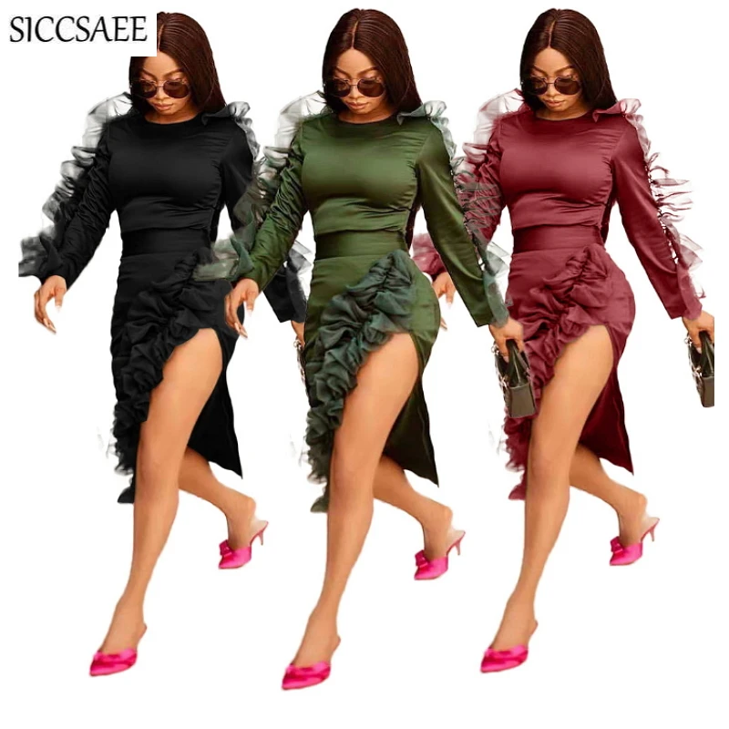 Плиссированное Сетчатое облегающее Бандажное платье с рюшами длиной до колена