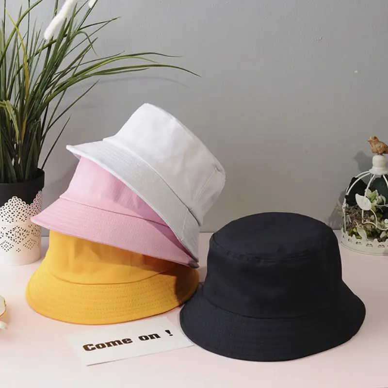 

K3NF Korean Adult Kids Summer Foldable Bucket Hat Solid Color Hip Hop Wide Brim Beach UV Protection Round Top Sunscreen