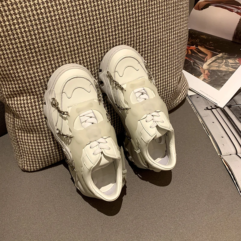 

Chain Daddy Shoes Trendy Women Sneakers Wild 2020 New Thick-soled Increased Leather Smart Smoked Shoes Zapatillas Mujer