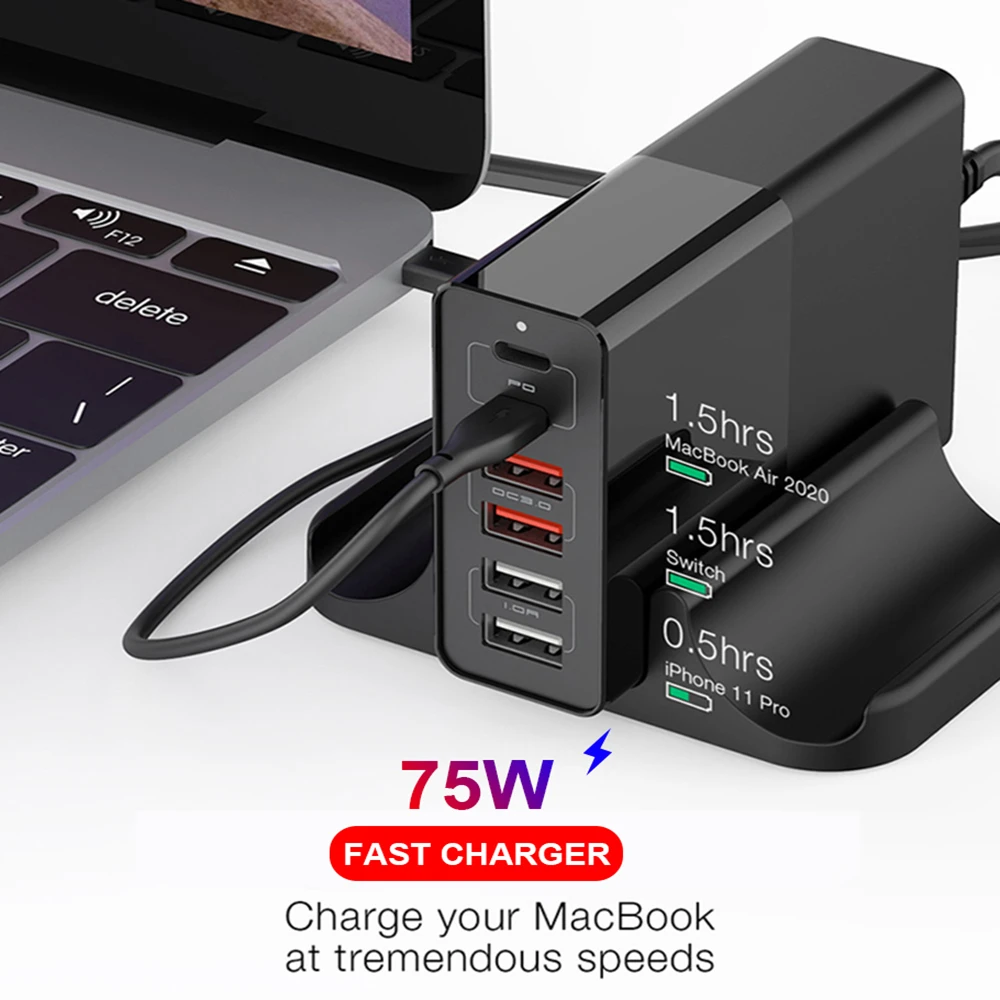 75 Вт двойной 6 портов USB PD для iPhone планшета ноутбука телефона зарядного устройства
