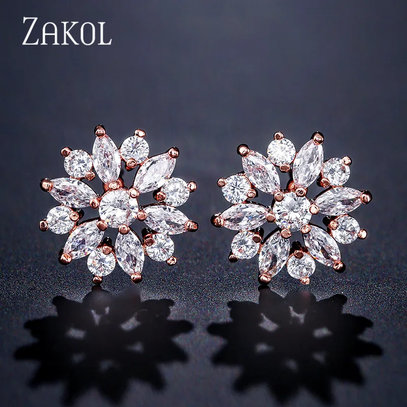 Модные серьги-гвоздики ZAKOL в виде цветов с прозрачным кристаллом циркония для