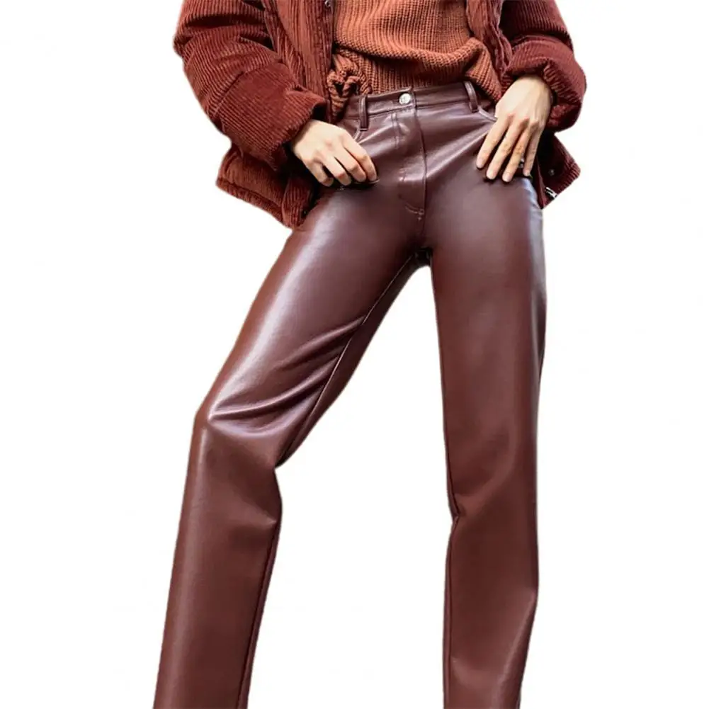 

Модные Женские однотонные брюки с высокой талией из искусственной кожи, прямые весенние винтажные женские брюки для улицы, черные XL