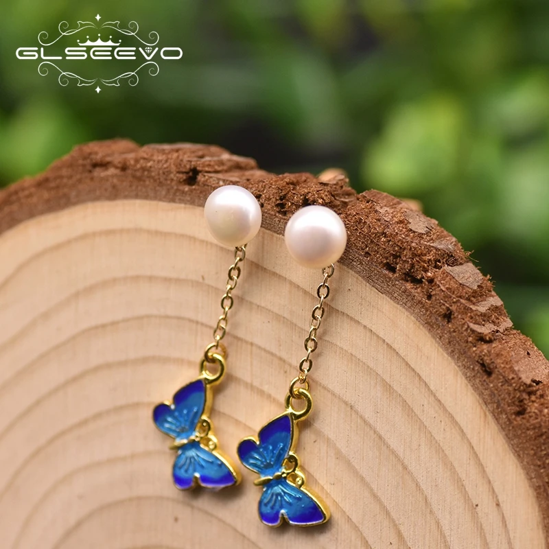 

GLSEEVO Natural Pearl Cloisonne Butterfly Drop Earrings For Women Simple Handmade Luxury Jewellery Pendientes Mujer Moda GE0977