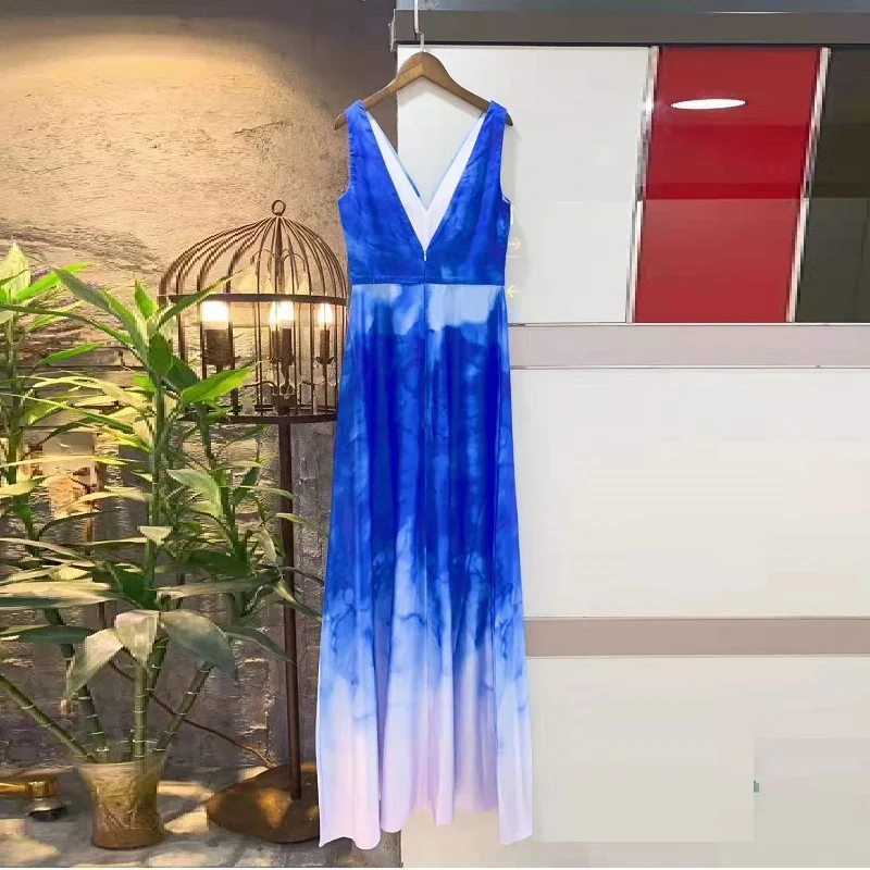 2019 модные градиентные Синие сексуальные v-образным вырезом без рукавов Длинные