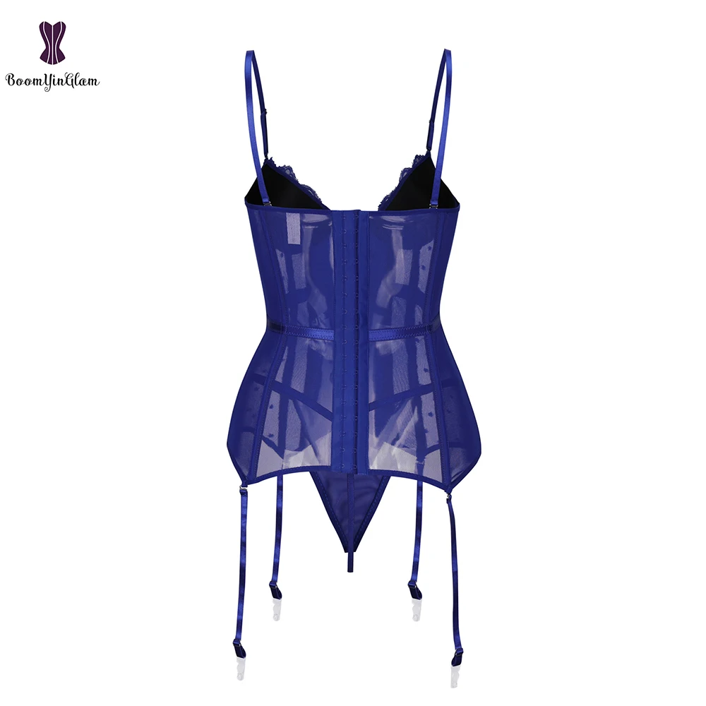 

Women Plus Size Sexy Lingerie Waist Training Overbust Bustier Padded Cups Stretch Lace Corset With Thong Garter