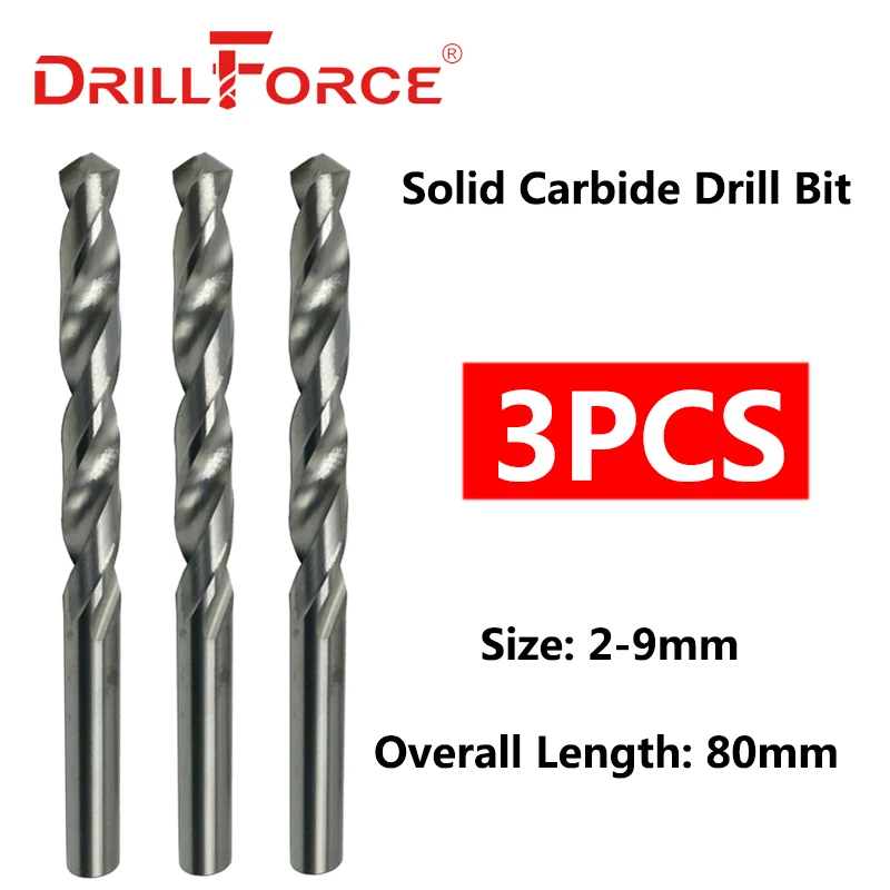 Сверла Drillforce твердосплавные по металлу, набор из 3 спиральных твердосплавных насадок для дрели, 2 мм-9 мм x 80 мм, с ярким круглым хвостовиком Сверла Drillforce твердосплавные по металлу, набор из 3 спиральных твердосплавных насадок для дрели, 2 мм-9 мм x 80 мм, с ярким круглым хвостовиком