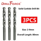 Сверла Drillforce твердосплавные по металлу, набор из 3 спиральных твердосплавных насадок для дрели, 2 мм-9 мм x 80 мм, с ярким круглым хвостовиком