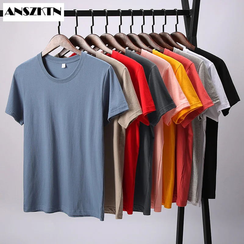 

ANSZKTN 2021 New Solid color T Shirt Mens Black And White 100% cotton Summer Fashion Short Sleeve O-neck Streetwear Outdoor Top