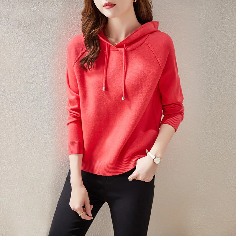 

Осенне-зимний Однотонный свитер с капюшоном и длинным рукавом, пуловеры, женский элегантный модный Свободный Повседневный вязаный свитер, ...