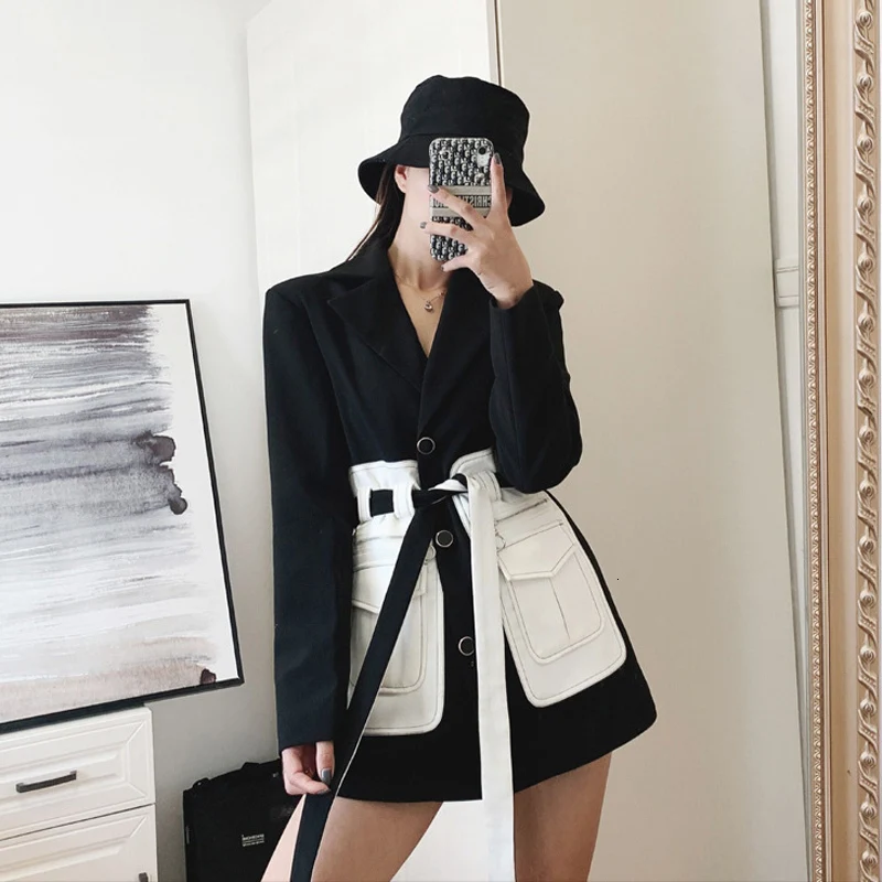 Женский блейзер с карманами [EWQ] черный отложным воротником и длинными рукавами в