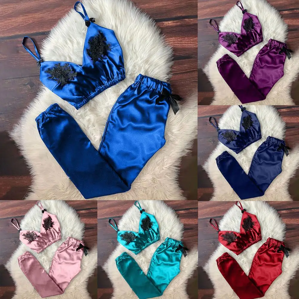

S-3XL Plus Size Women Applique Beaded Satin Pajamas Set V-Neck Sexy Camisole Sleepwear Bowknot Long Pants Set pyjamas feminino