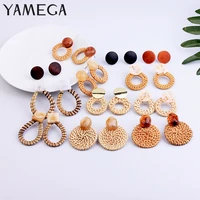 yamega handmade korean wooden straw woven rattan vine braid drop earrings unique geometric drop circle earrings for women