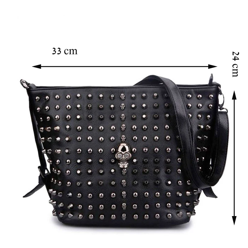 Annmouler Fashion Women Shoulder Bag Pu Leather Crossbody Bag Punk Messenger Bag for Girls Rivet Skull Bucket Bag Black Purse