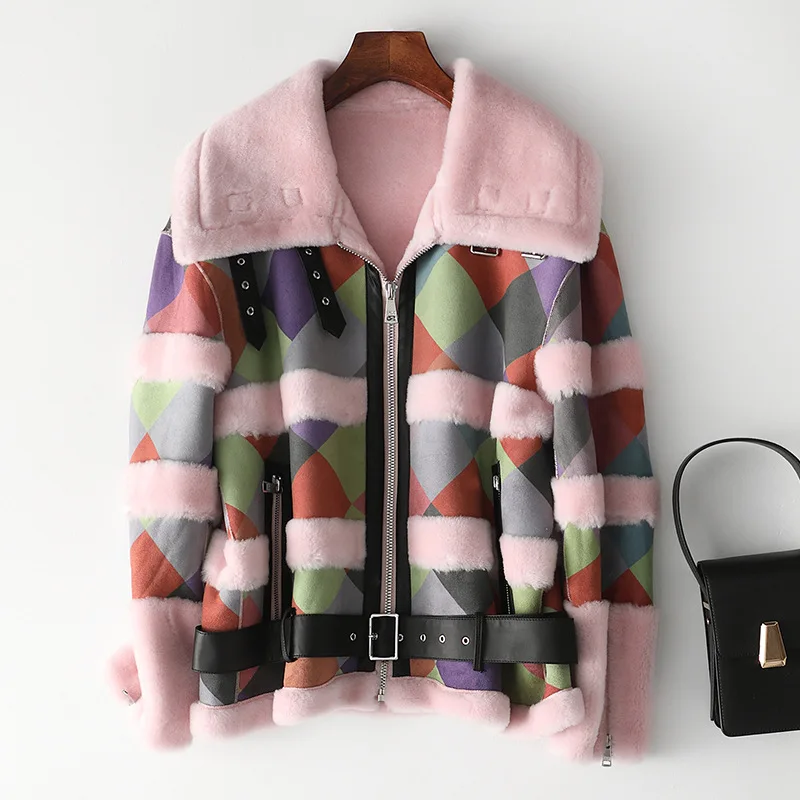

2021 Autumn and Winter New 100% Lamb Fur Coat High Quality Printed Sheep Sheared Jacket Fashion Composite Fur One Woman