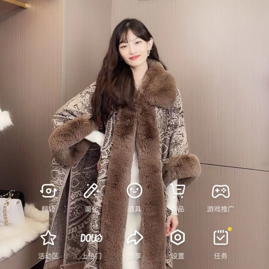 

Женское свободное шерстяное пальто, корейское пончо с воротником из искусственного кроличьего меха, жаккардовое пальто с кисточками, Осень...