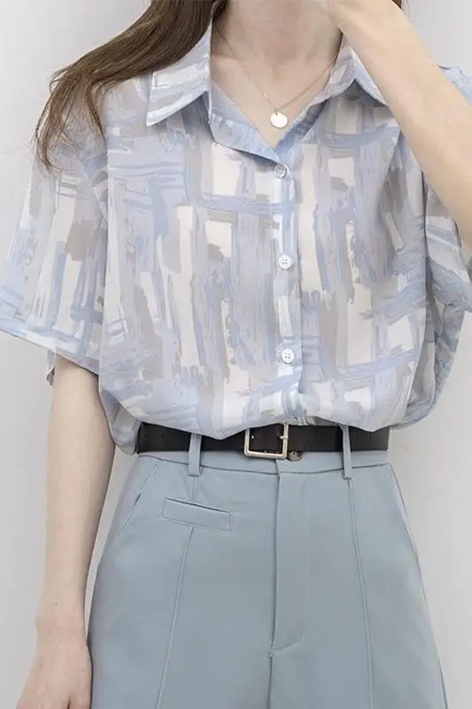 

2021 Summer Short Sleeve Chic Print Blouse Women Loose Turndown Collar Tops Female Casual Vintage Office Lady Shirt Ladies
