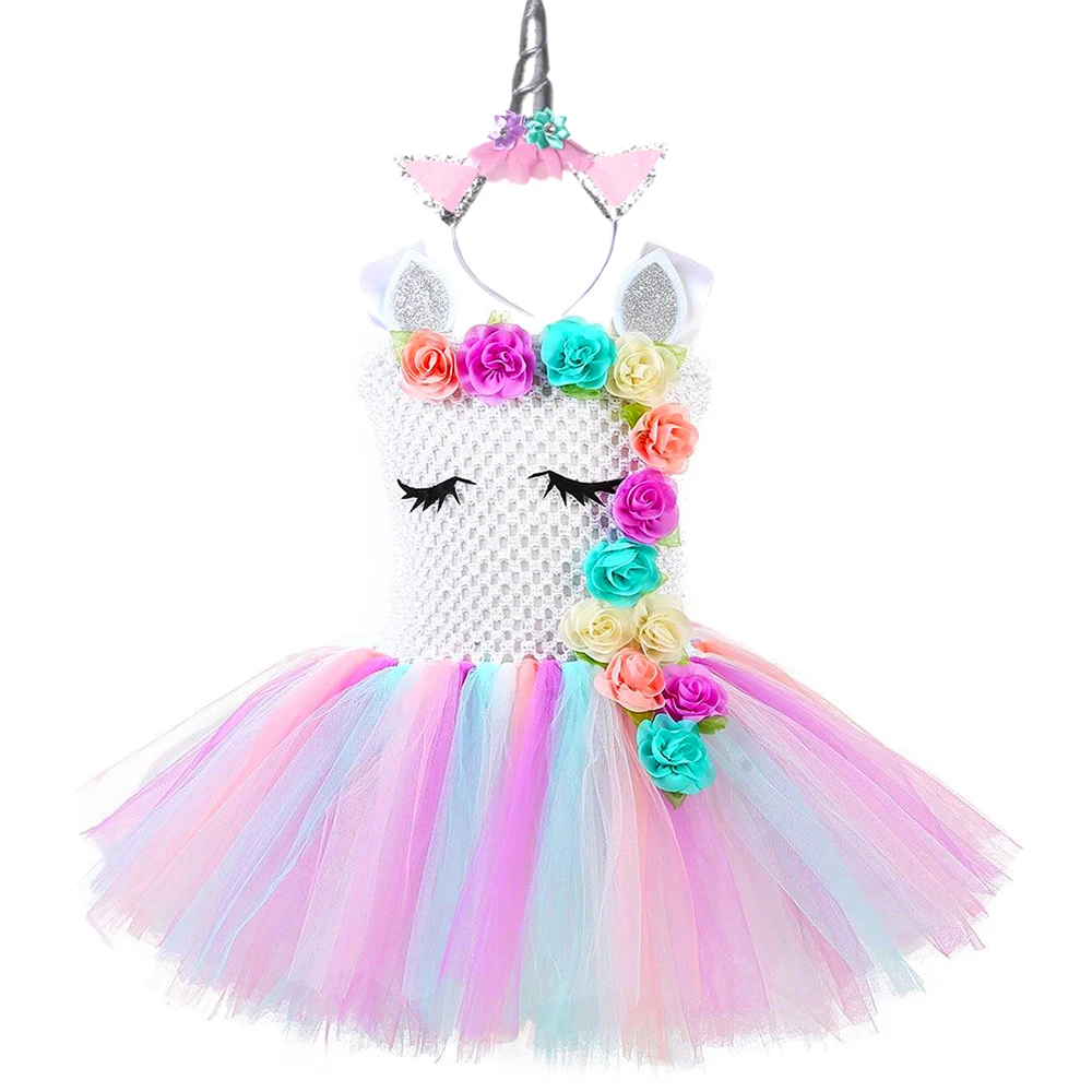 Детское нарядное платье-пачка с единорогом для девочек комплект повязкой на