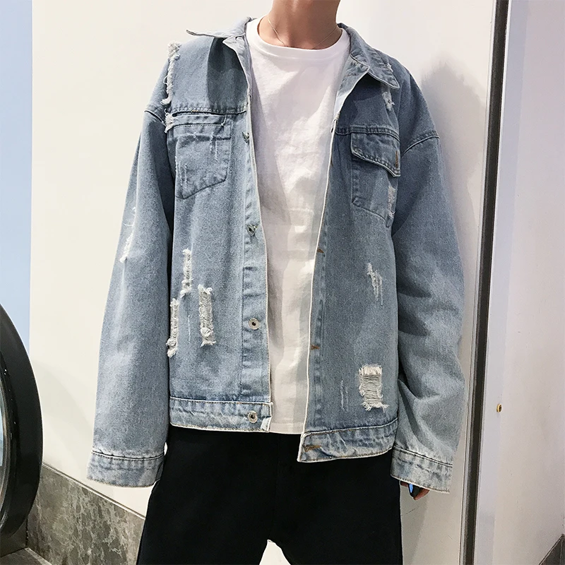 

Осенне-зимняя новая джинсовая куртка с дырками для мальчиков, красивая трендовая корейская модная рубашка-