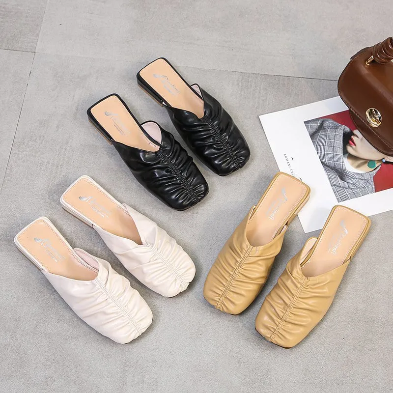 

Shoes Cover Toe Slippers Women Summer Slides Female Mule Pantofle Fashion Shallow Low Mules Flat 2021 Luxury PU Rubber Basic